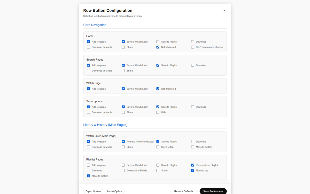 Screenshot of the options page showing the checkboxes and drag-and-drop layout for different YouTube zones