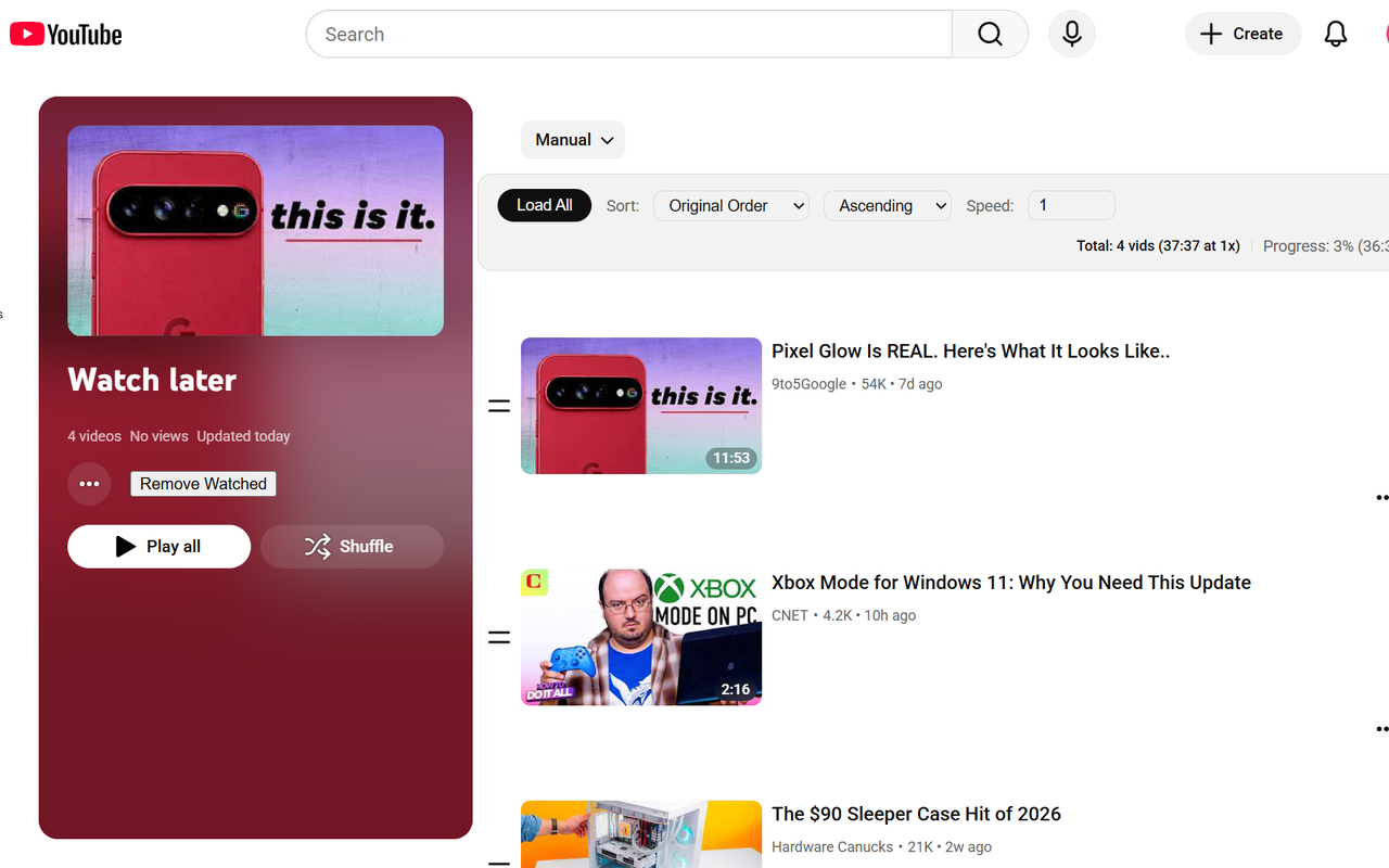 Screenshot of the Watch Later page with the toolbar injected at the top. The Remove Watched button is also shown