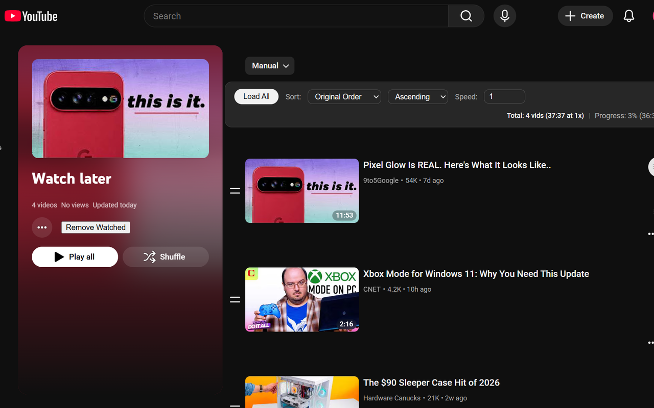 Screenshot of the same Watch Later page, but seamlessly matching YouTube's dark mode