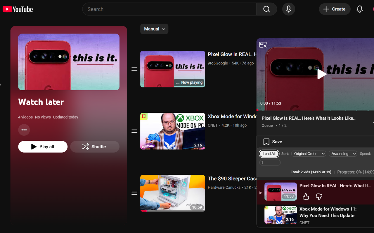 Screenshot of Watch Later with the toolbar docked cleanly to the expanded Miniplayer showing there are two videos in the queue