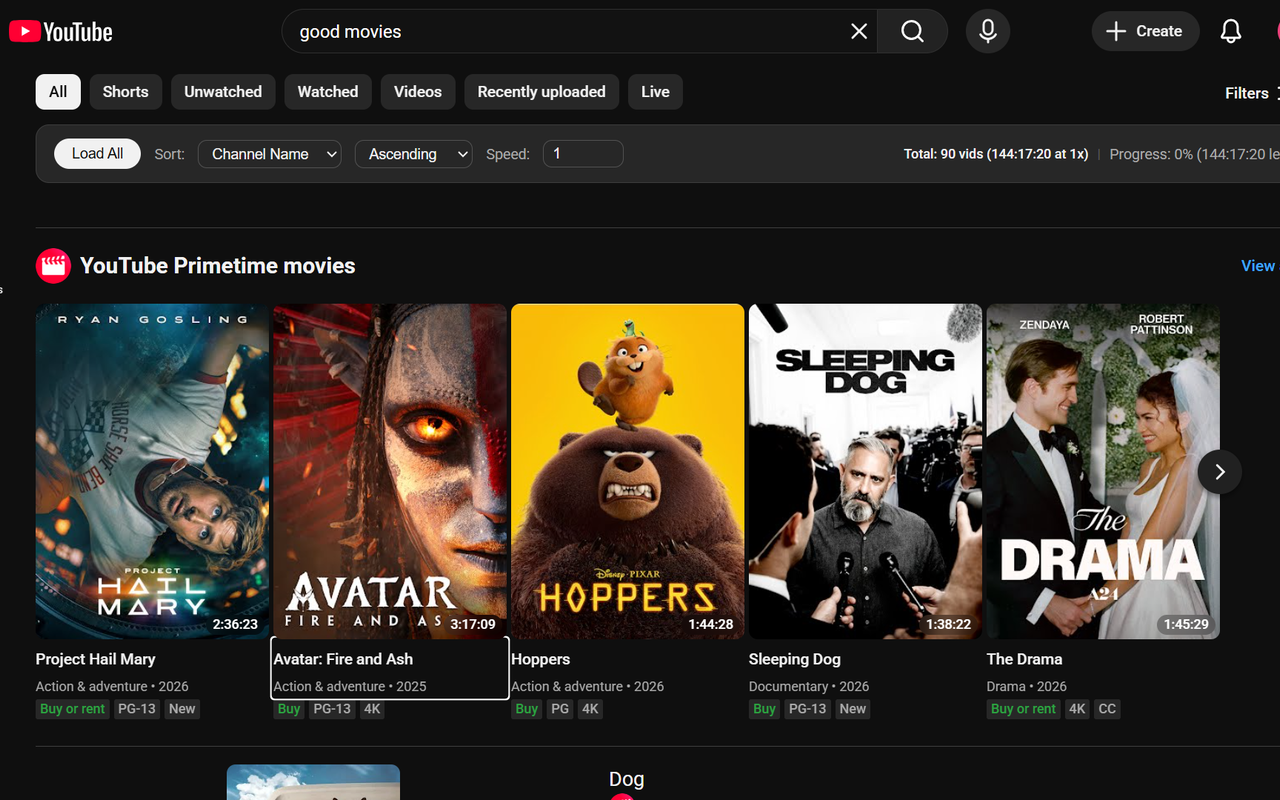 Screenshot of the toolbar sorting a search page. Movies are sorted by genre