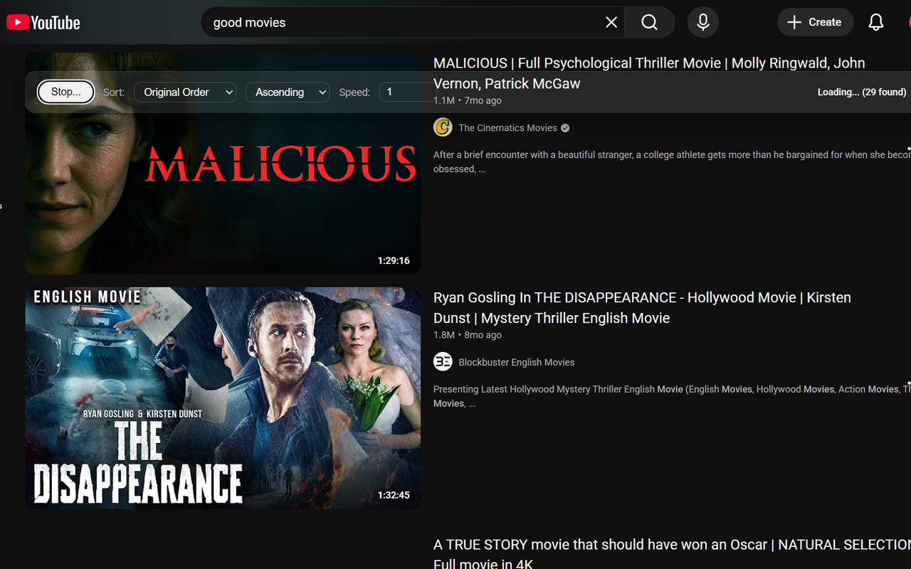 Screenshot showing the Load All functionality. The information has changed to show the loaded video count, and the 'Load All' button has changed to 'Stop.'